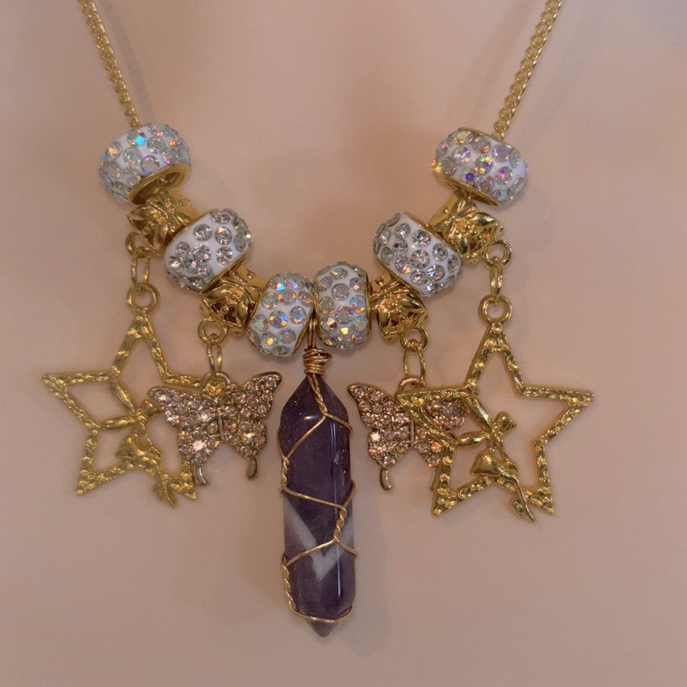 - Genuine Chevron Amethyst “My Crystals Fairy” Gold Charm Necklace By @windswep…